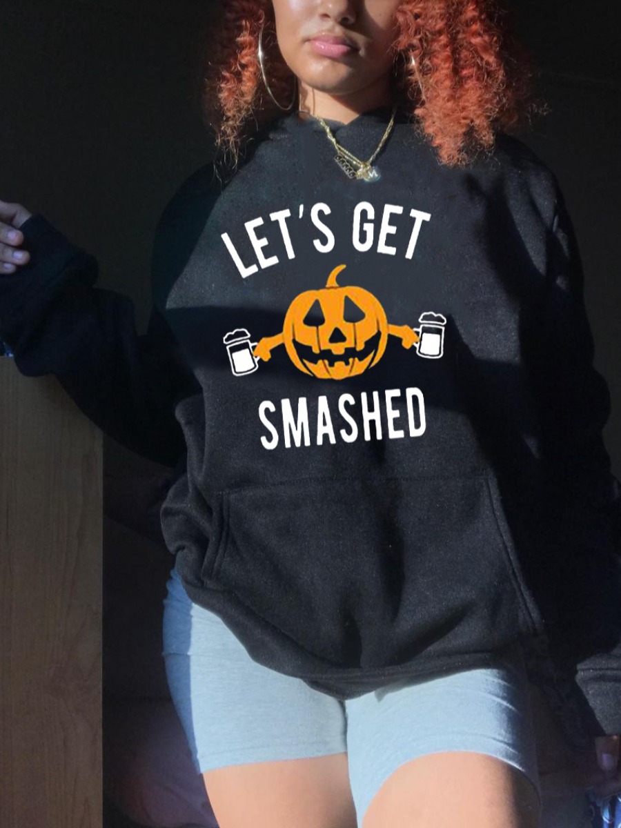 

LW Letter Pumpkin Print Hoodie, Black
