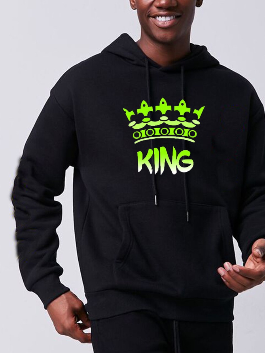 

LW Men Letter King Print Pocket Design Hoodie, Black