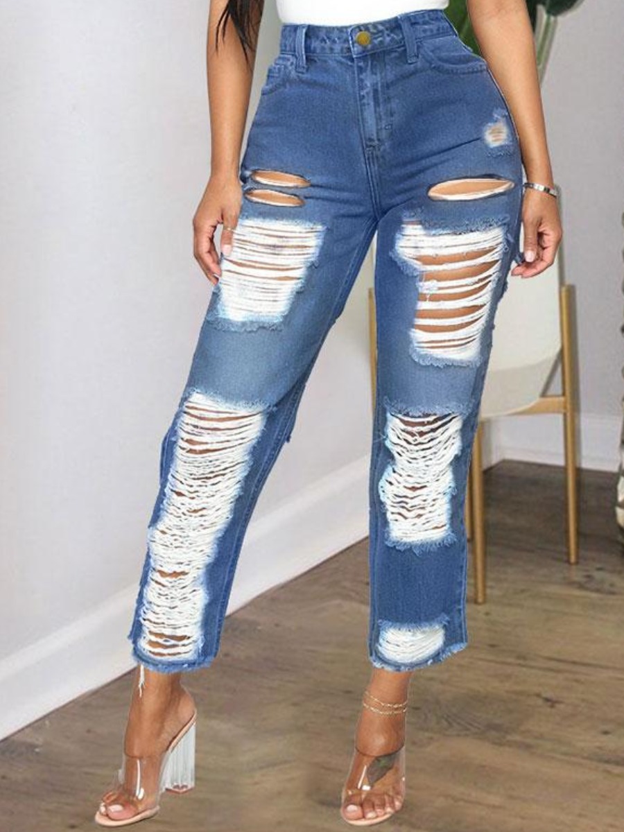 LW Raw Edge Ripped Jeans, Deep blue