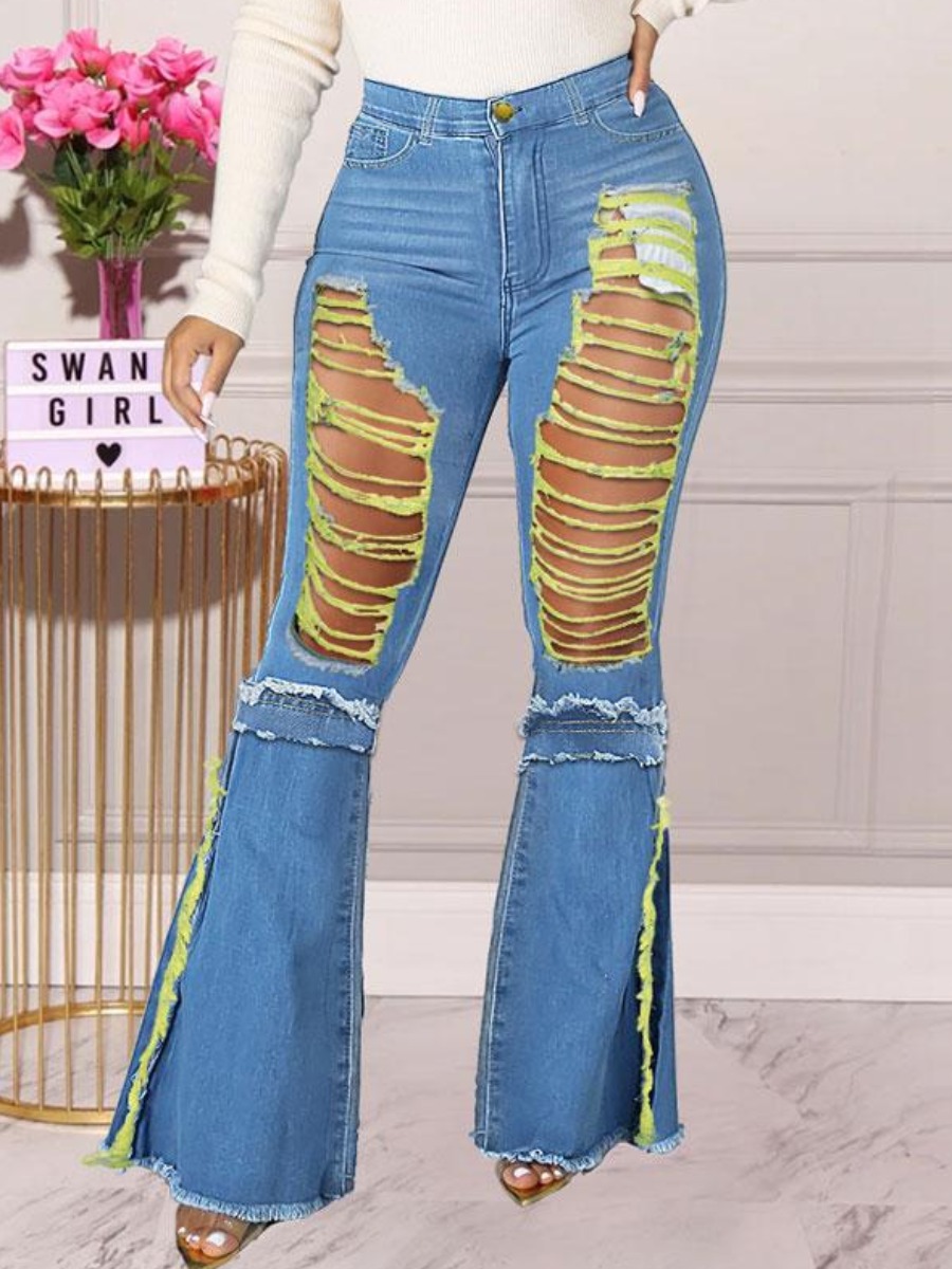 

LW Tassel Design Ripped Flared Jeans, Yellow