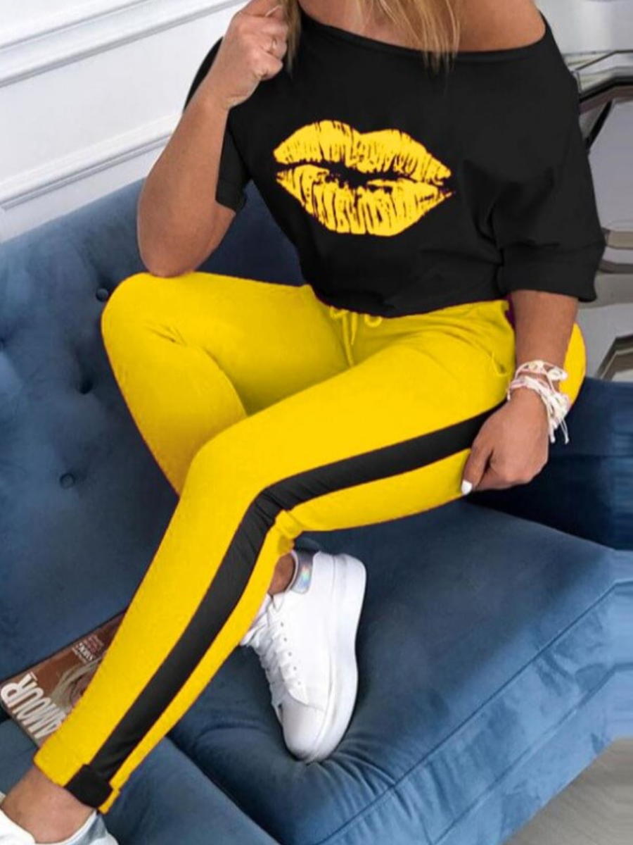 

LW Casual Lip Print Yellow Two-piece Pants Set