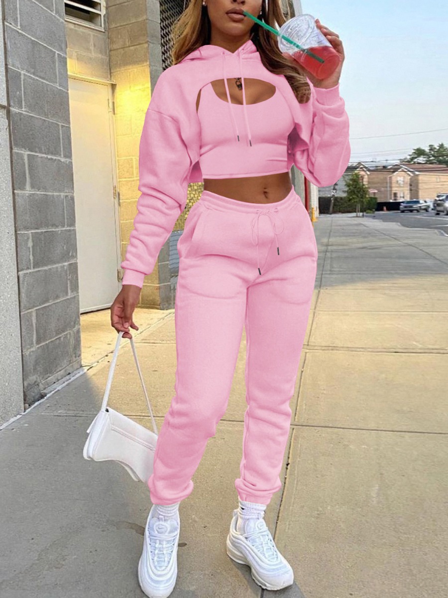 

LW Sweat Pocket Design Crop Top Three-piece Tracksuit Set, Pink