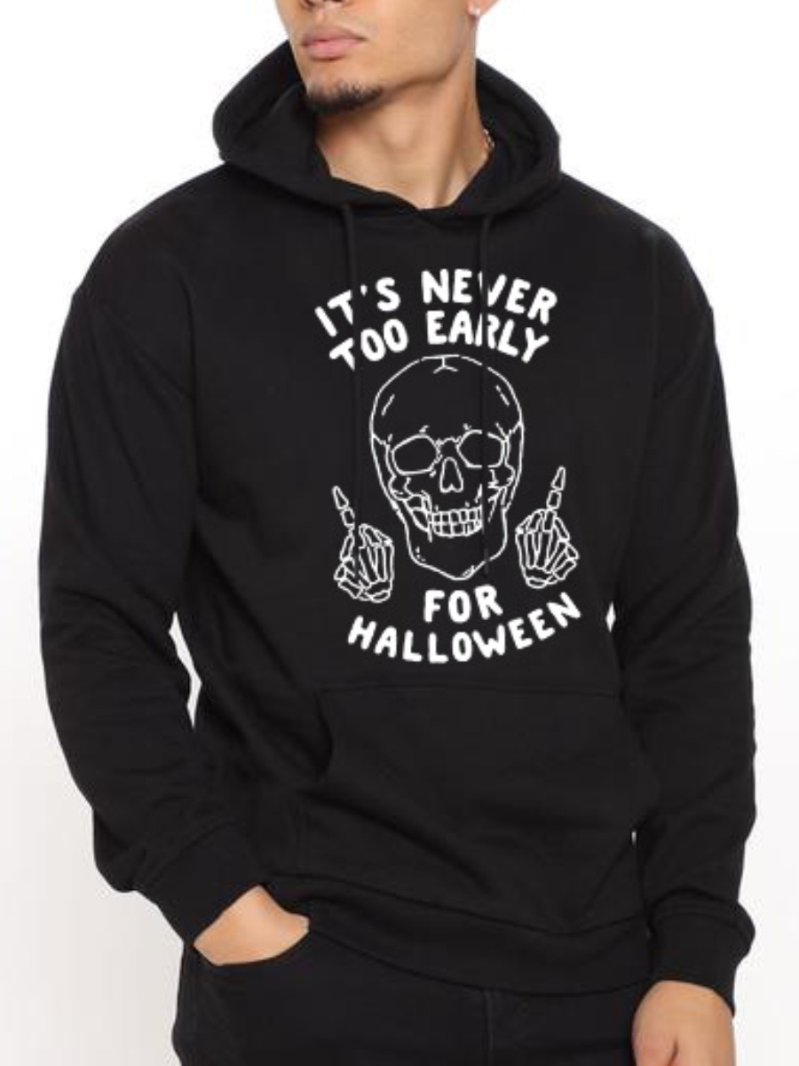 

LW Men Letter Skull Print Hoodie, Black