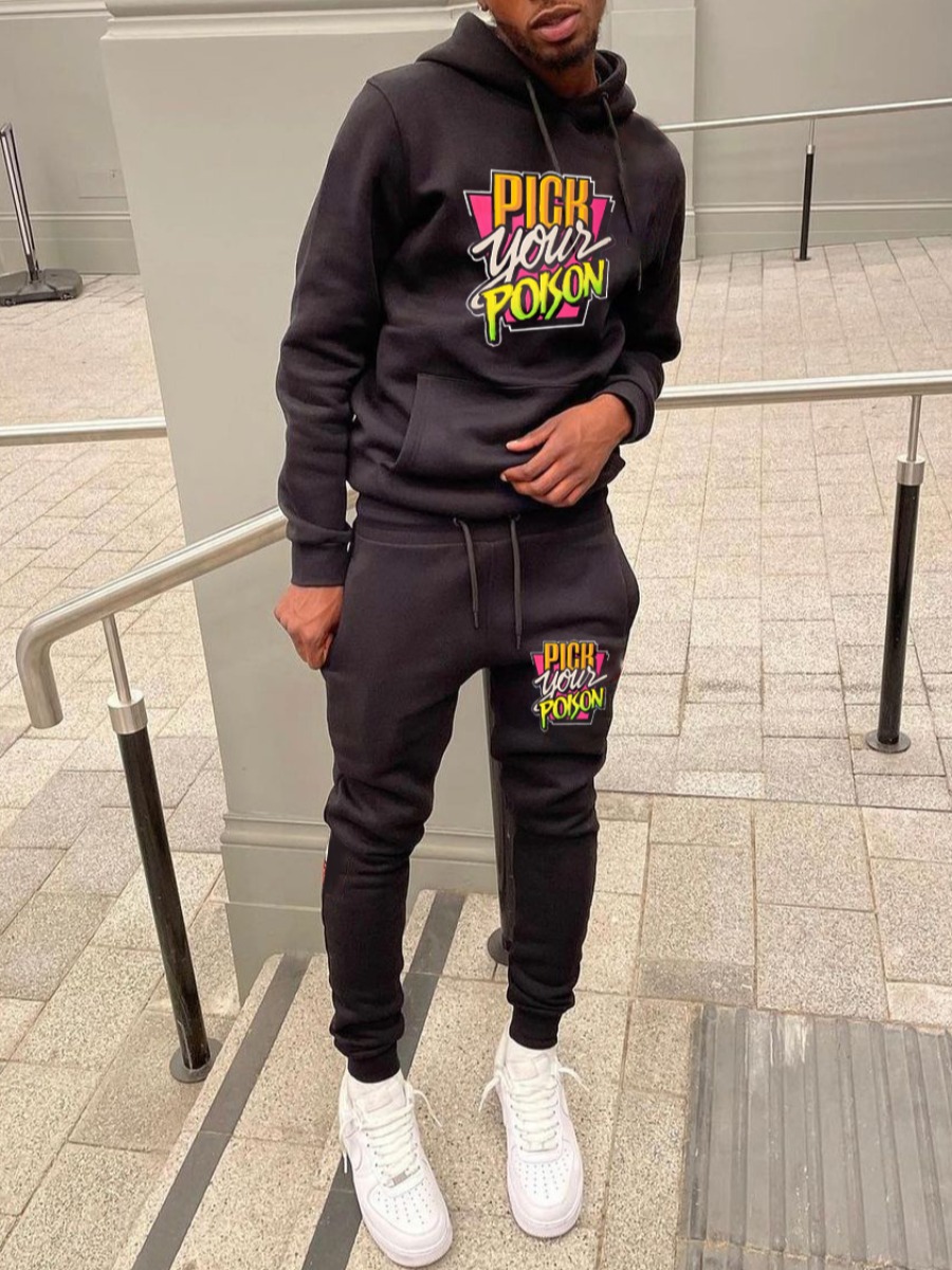 

LW Men Letter Print Pocket Design Tracksuit Set, Black