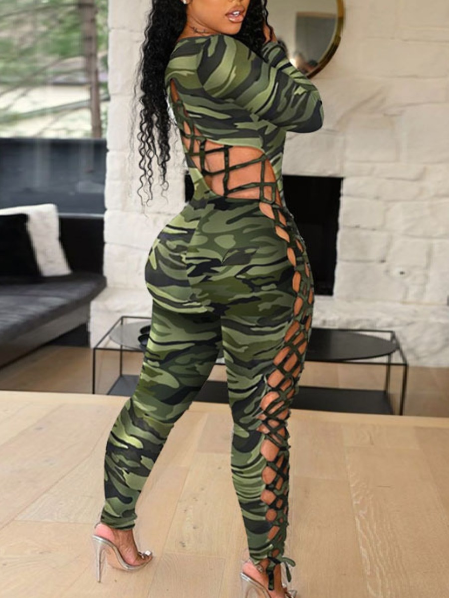 

LW Camo Print Bandage Hollow-out Design Jumpsuit, Green