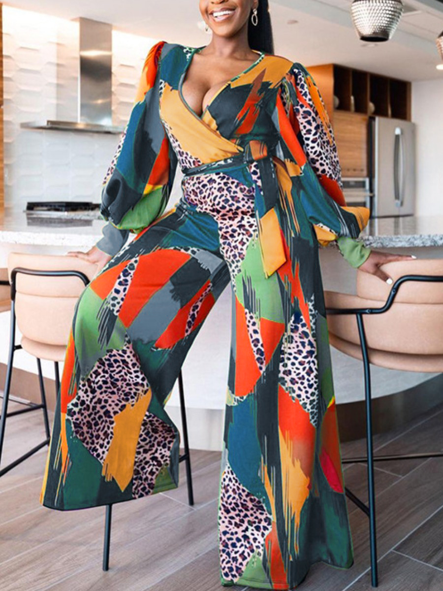

LW Plus Size Leopard Color Block Bandage Jumpsuit, Green