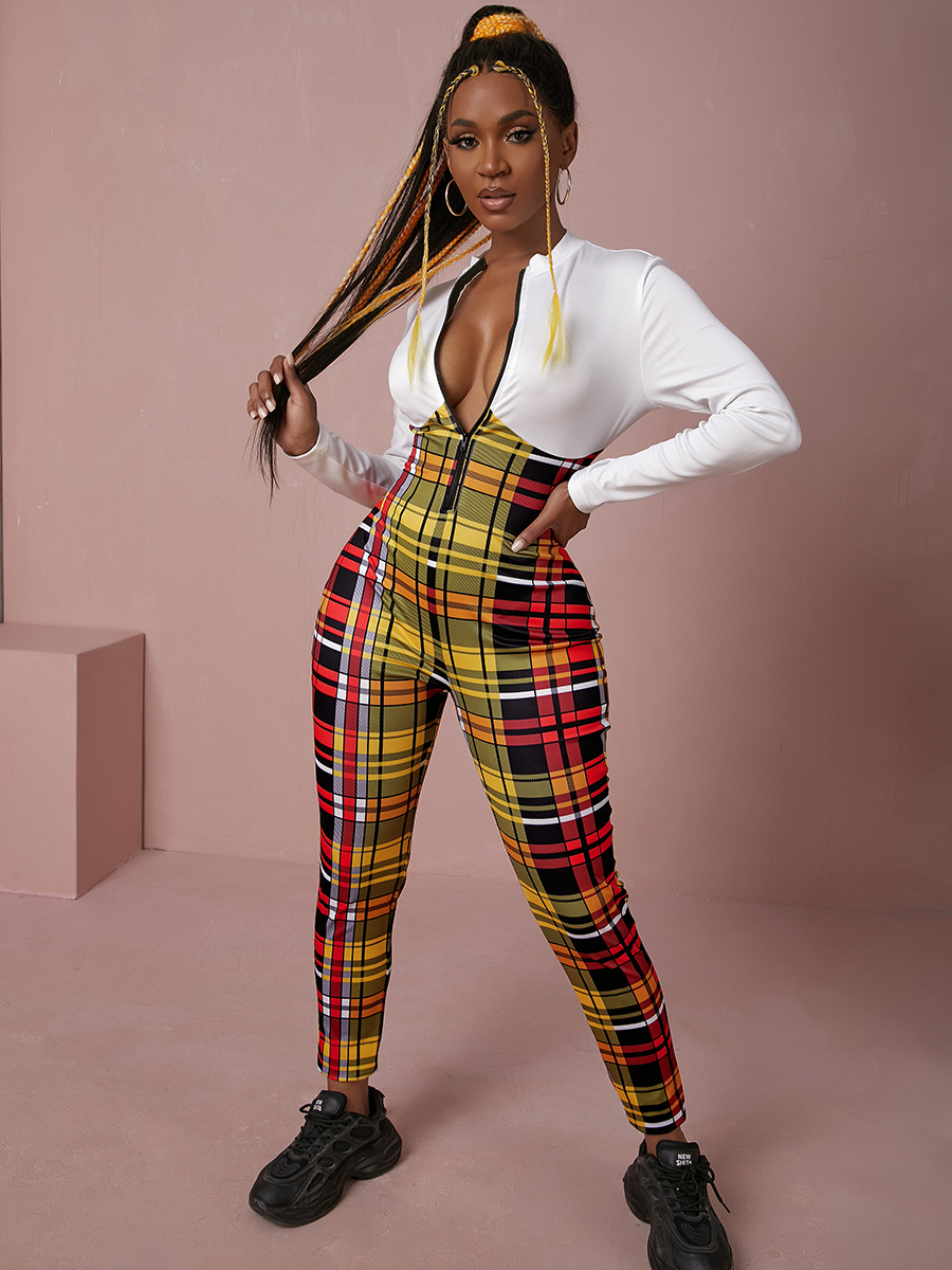 LW Plaid Print Patchwork Jumpsuit