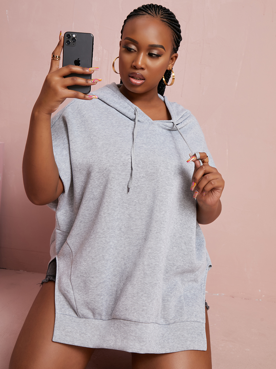 

LW Plus Size Hooded Collar Slit Hoodie, Grey
