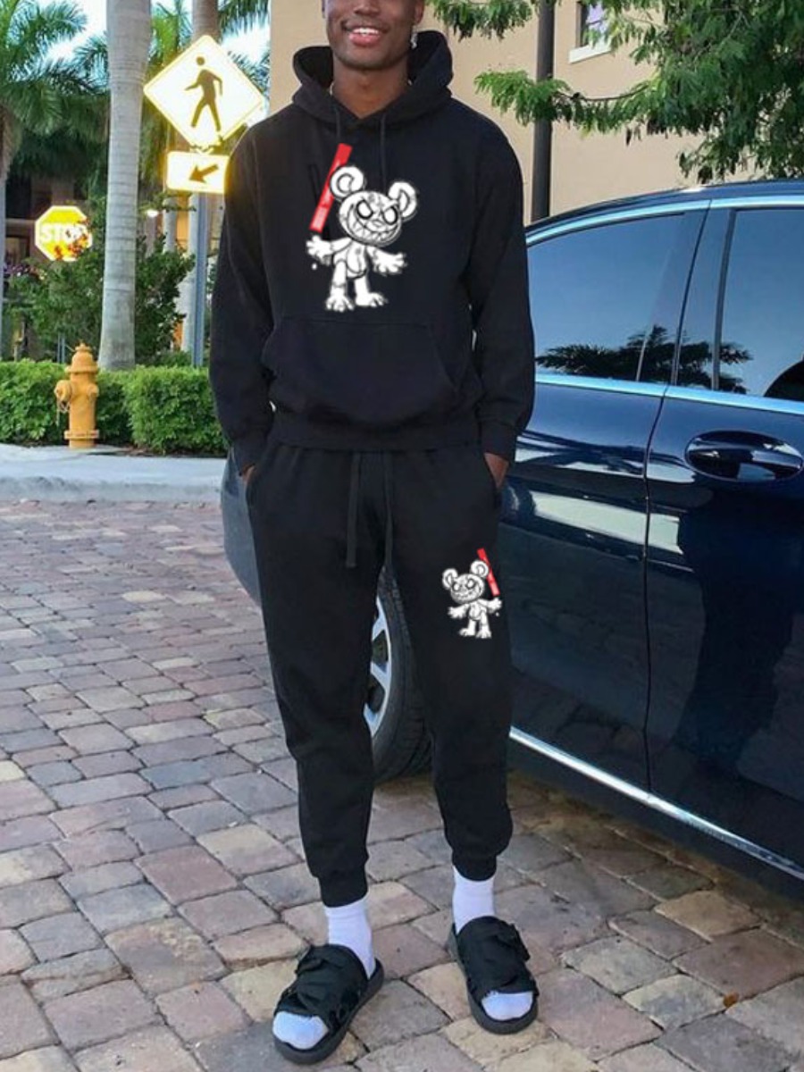 

LW Men Cartoon Print Pocket Design Tracksuit Set, Black