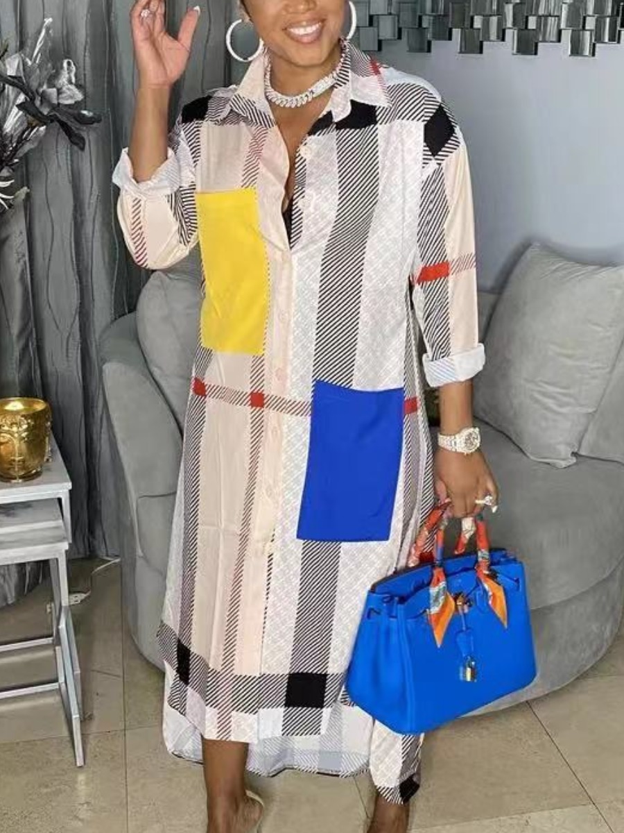 

LW Pocket Design Plaid Multicolor Shirt Dress, Multicolor lattices