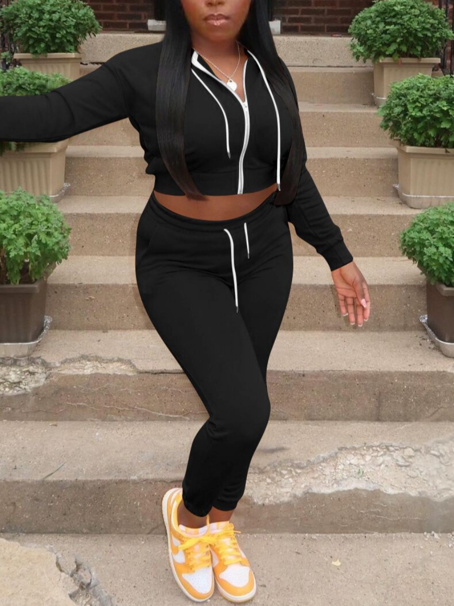 

LW BASICS Sweat Zipper Design Crop Top Tracksuit Set, Black