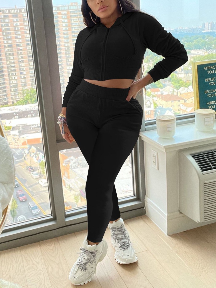 

LW Pocket Design Crop Top Tracksuit Set, Black