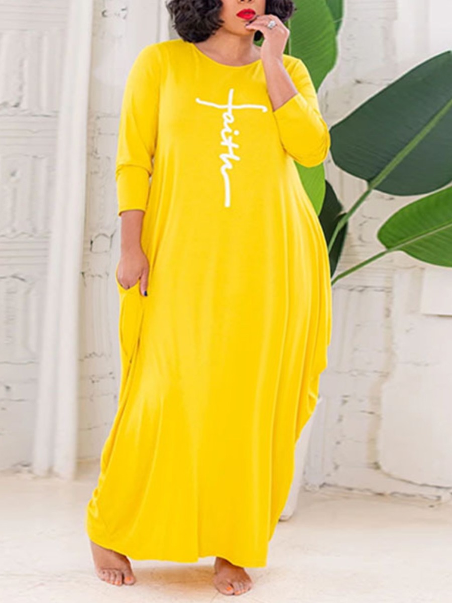 

LW Plus Size Letter Print Pocket Design Dress, Yellow