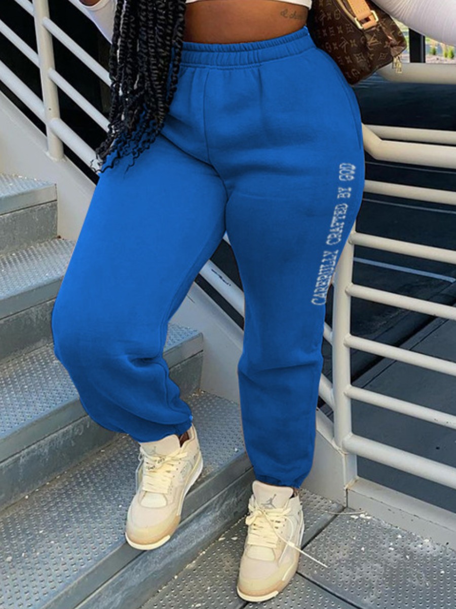 

LW Elastic Waist Letter Print Loose Pants, Blue