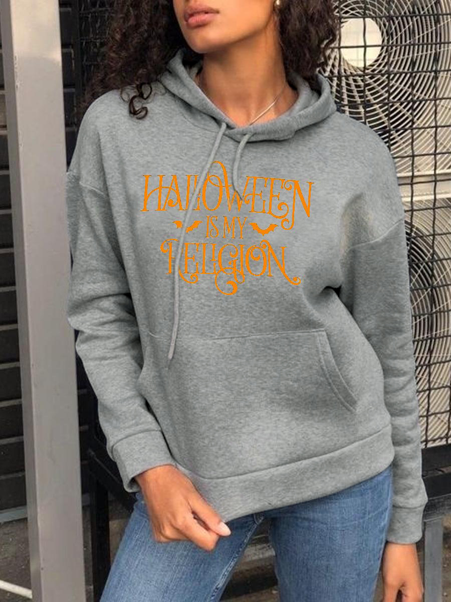 

LW Halloween Letter Print Pocket Design Hoodie, Grey