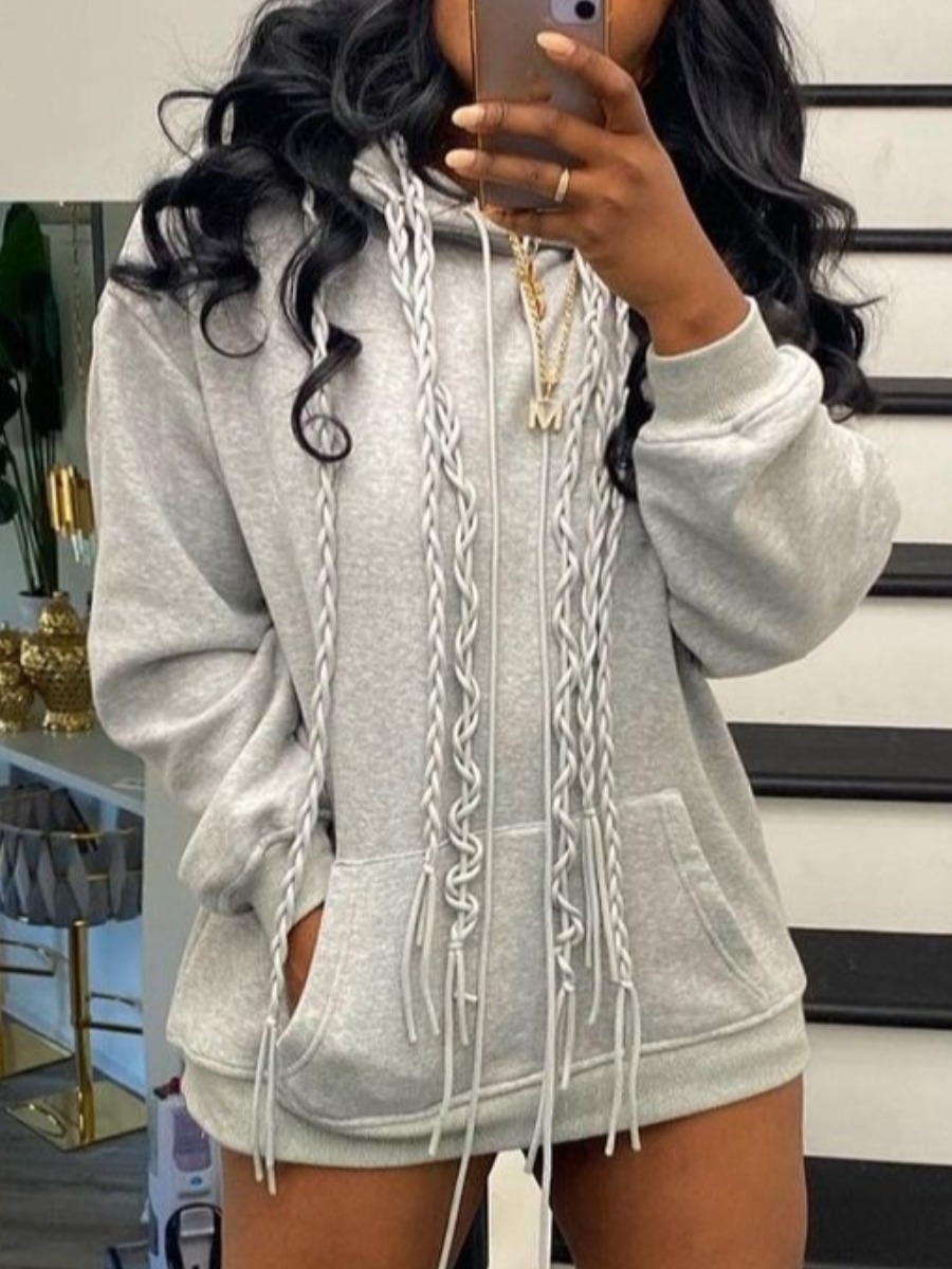 

LW Sweat Braided Decor Kangaroo Pocket Dress, Grey