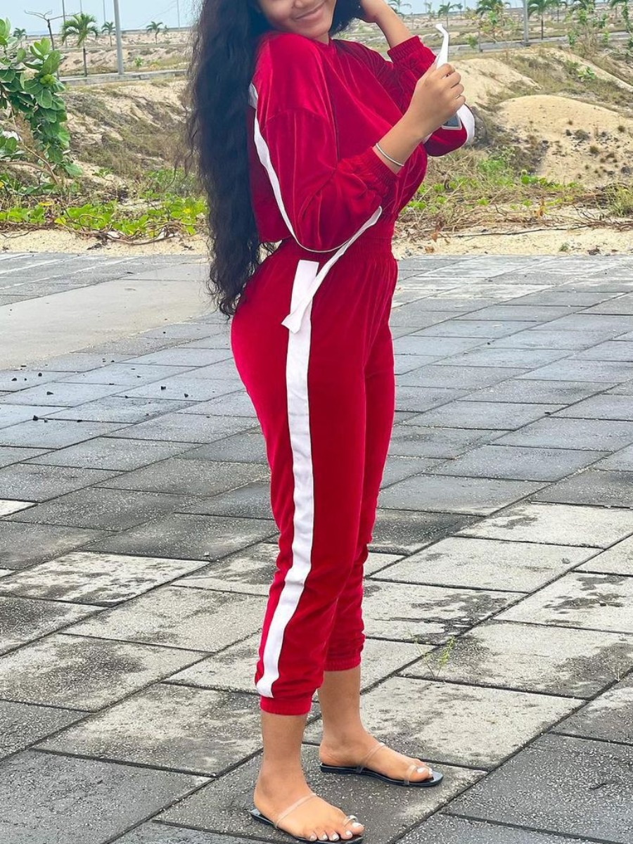 

LW Pleuche Patchwork Striped Pants Set, Red