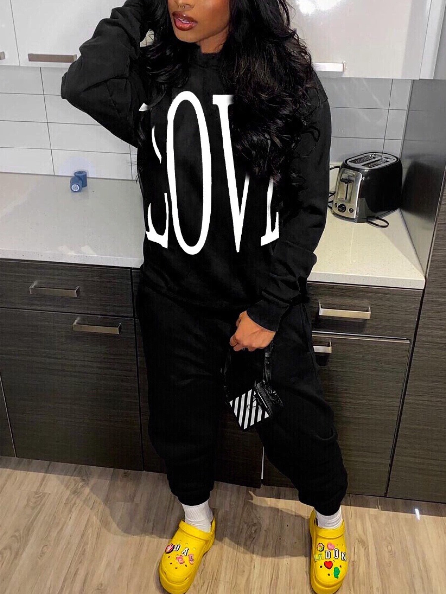 

LW Hooded Collar Letter Print Tracksuit Set, Black