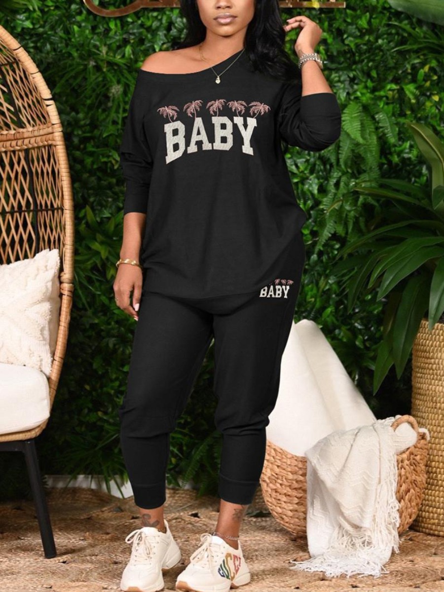 

LW Embroidered Letter Pants Set, Black