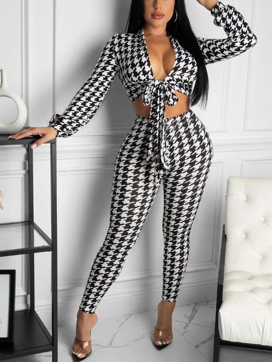 

LW SXY Houndstooth Bandage Design Pants Set, White