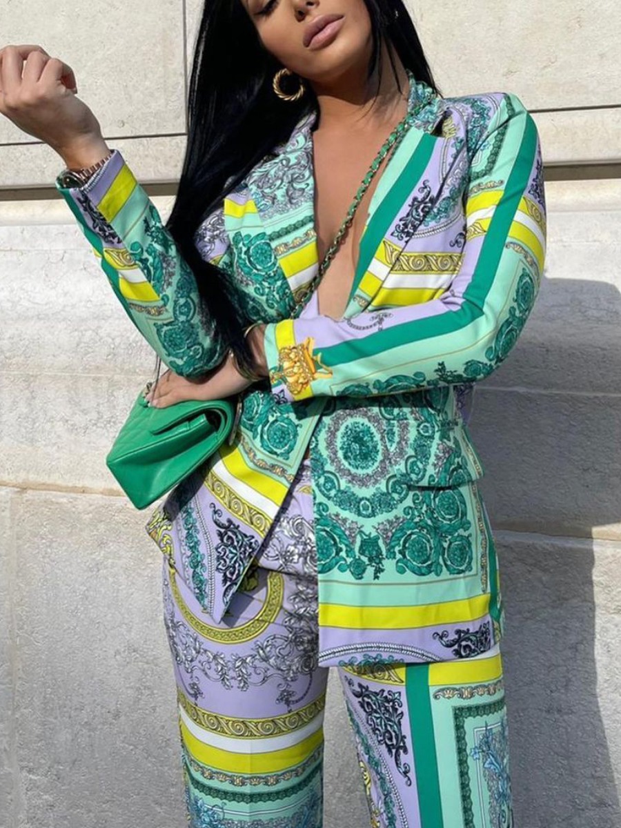 

LW Tribal Print Pocket Design Striped Pants Set, Green