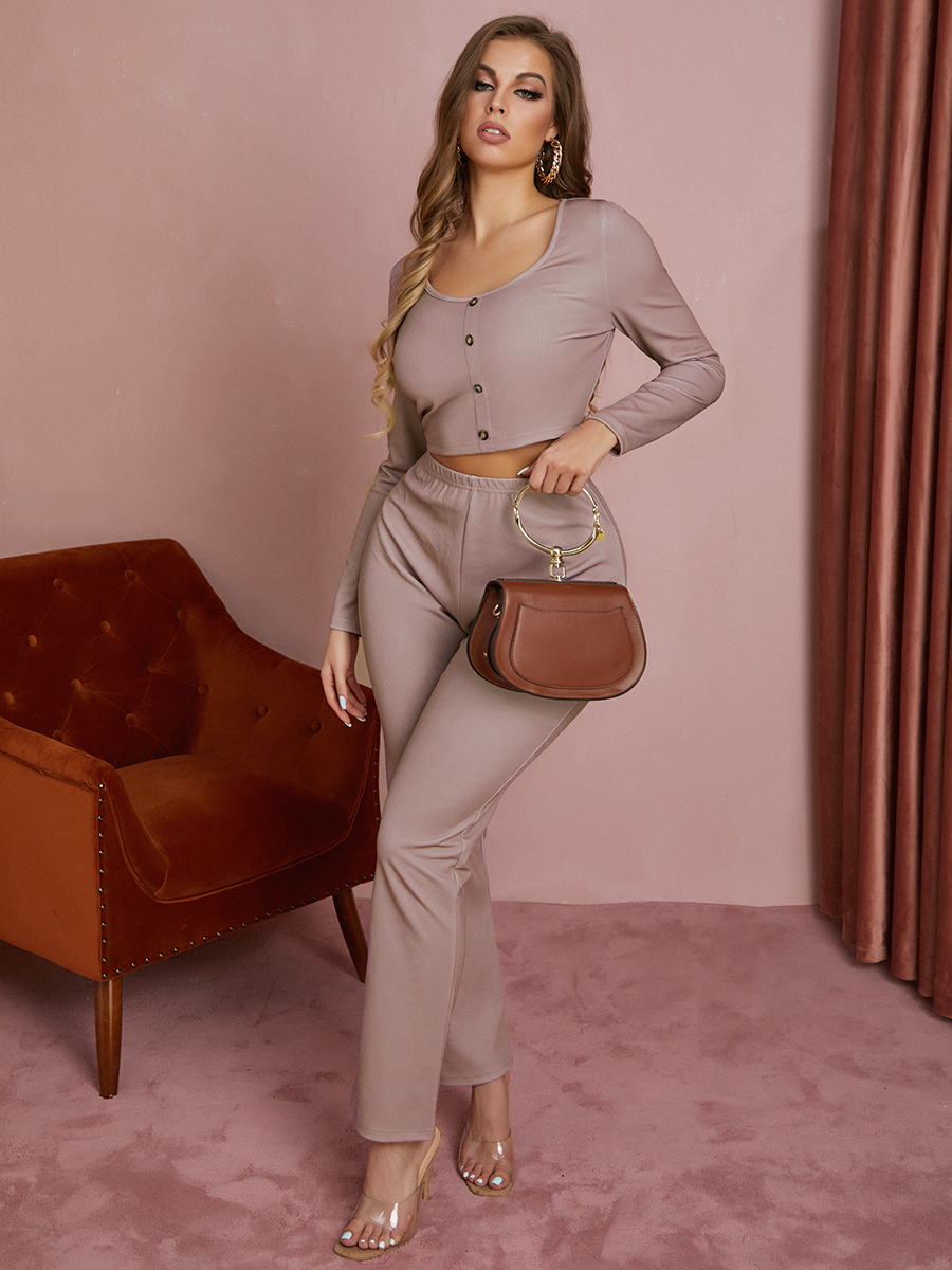 

LW Button Design Crop Top Pants Set, Dusty pink
