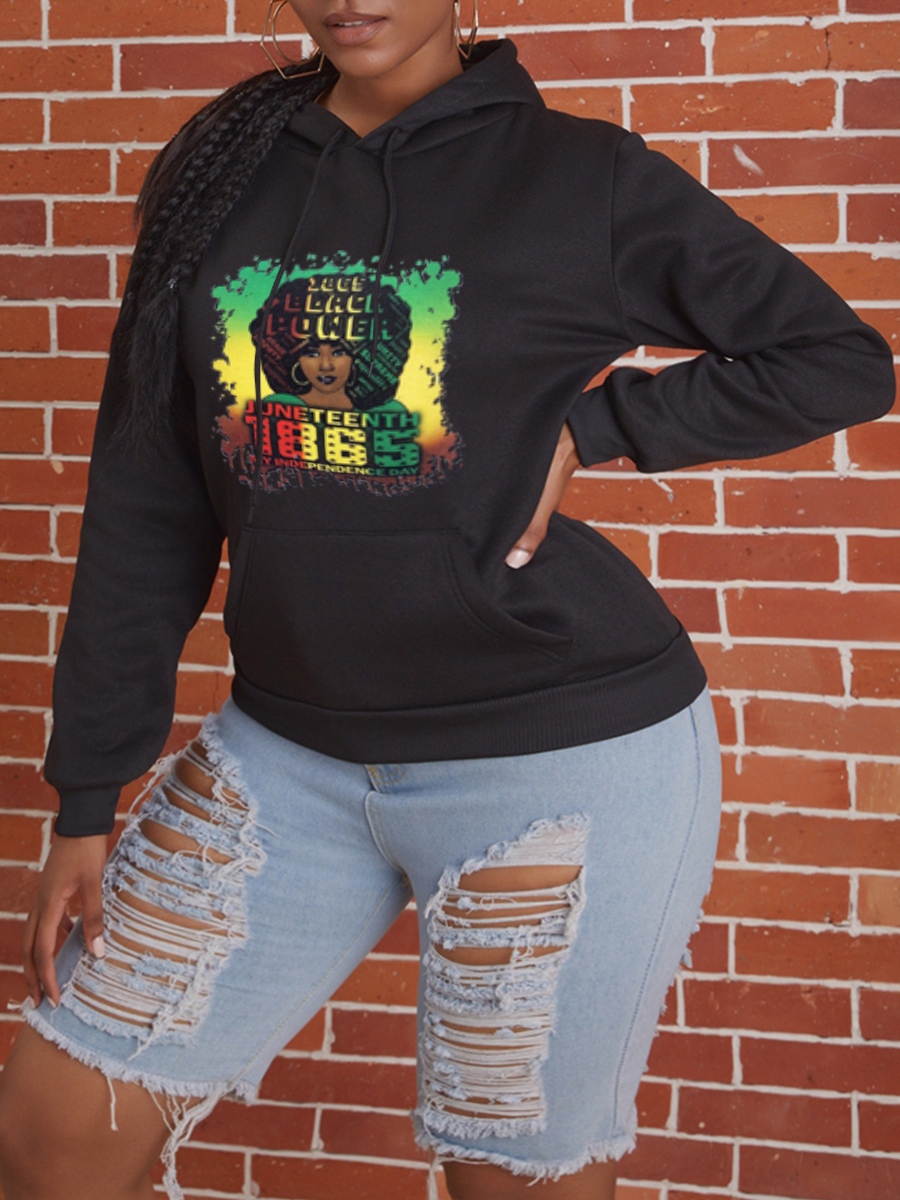 

LW Plus Size Figure Print Kangaroo Pocket Hoodie, Black