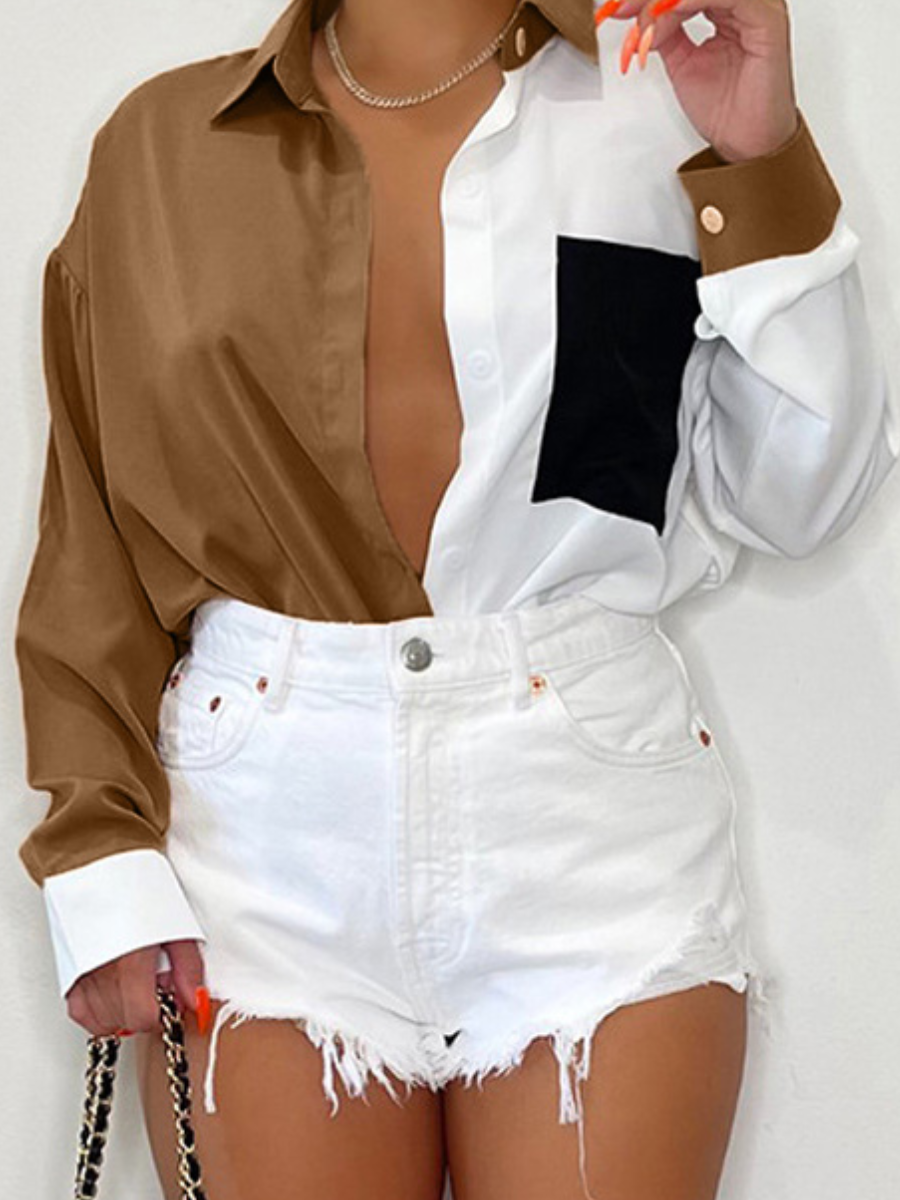 

LW COTTON Plus Size Pocket Design Patchwork Shirt, Khaki