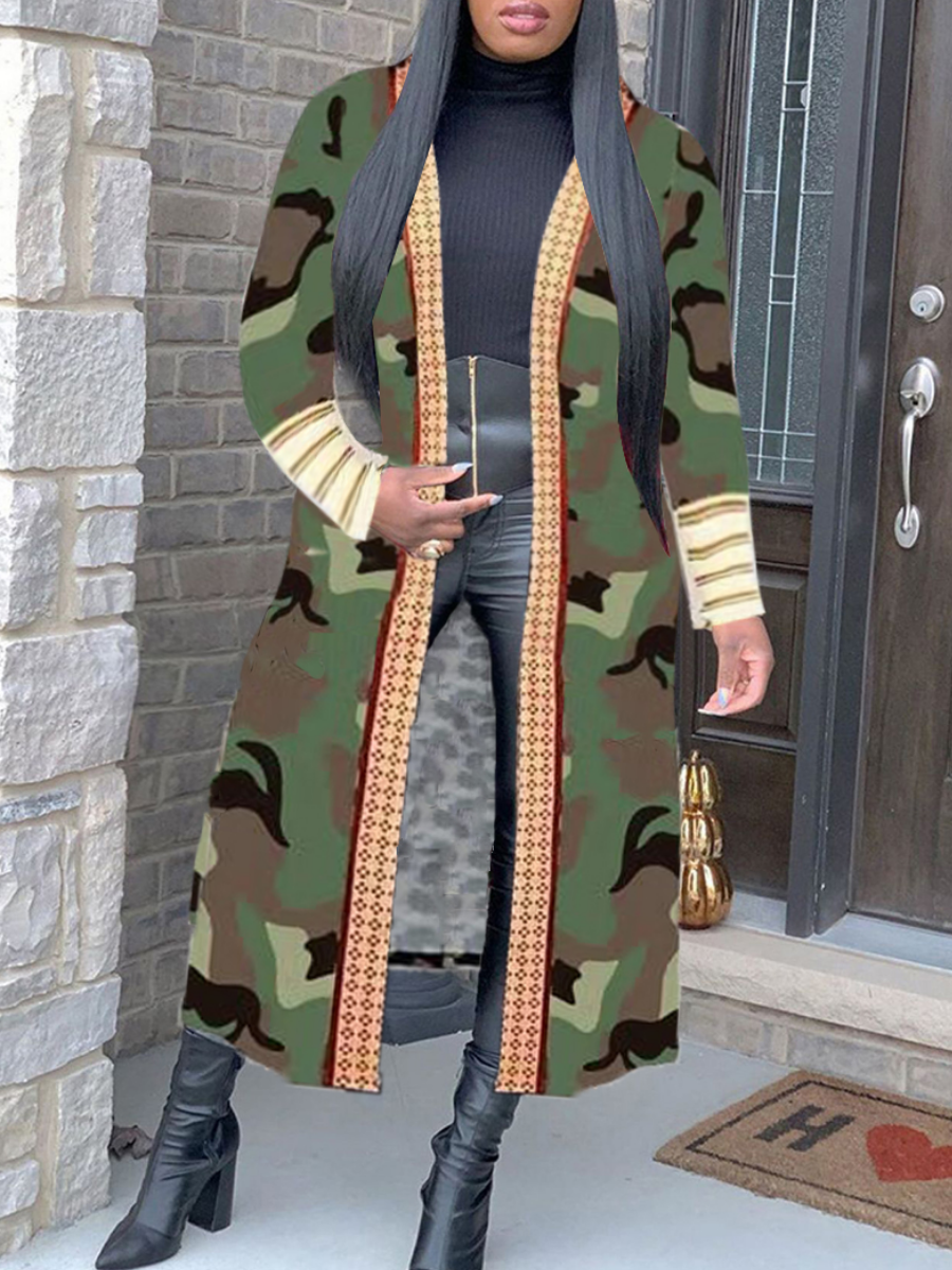 LovelyWholesale Camo Print Trench Coat Fall Long Sleeve Casual Basic V Neck Spring Summer 2024