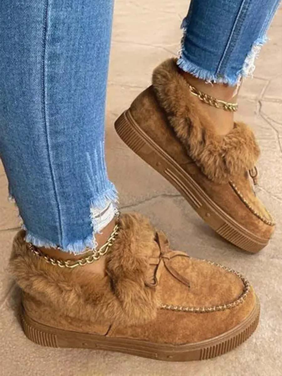 LovelyWholesale Bow Decor Plush Flats Winter Casual Solid Color Spring Summer 2024