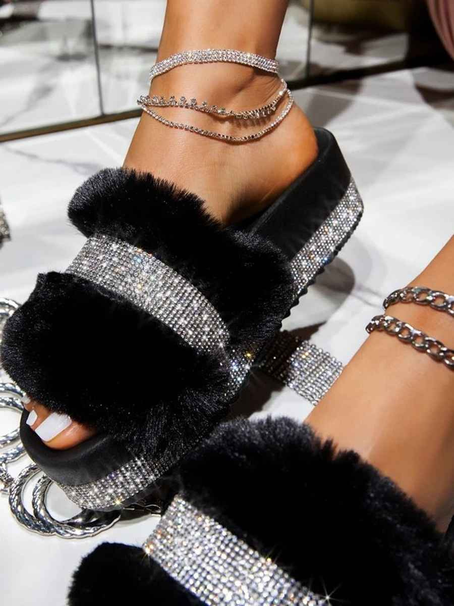 

LW Rhinestone Sequined Plush Platform Shoes, Black