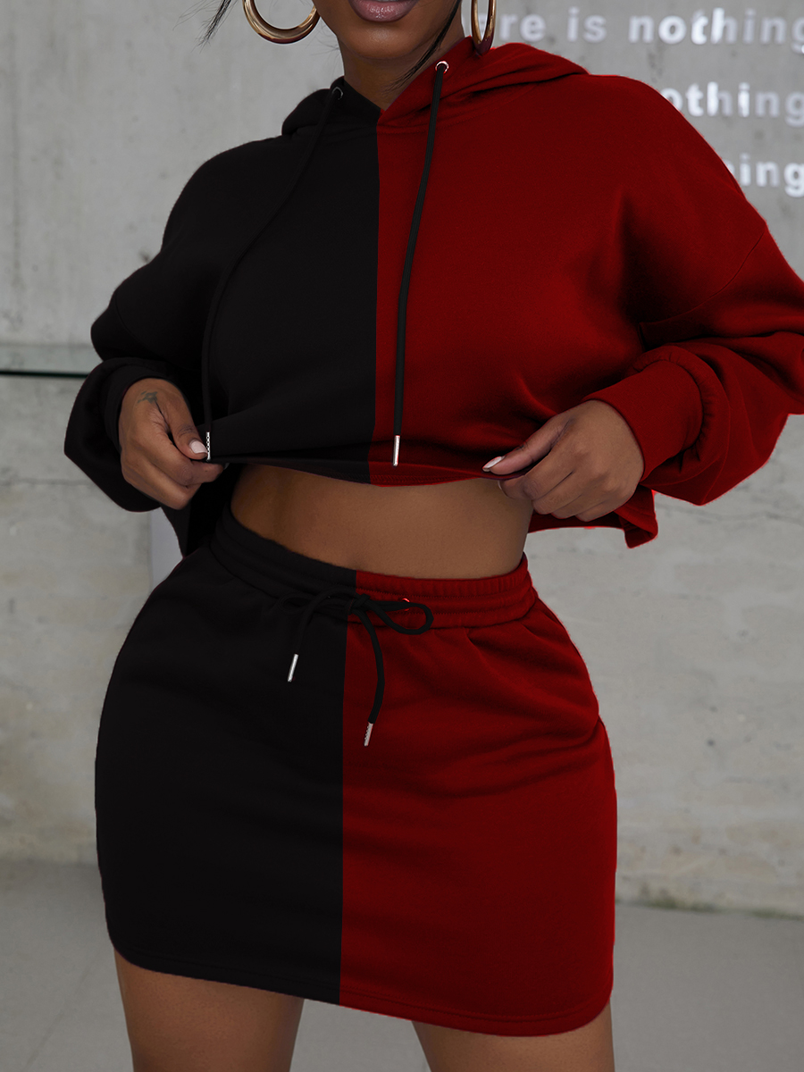 LW Crop Top Drawstring Patchwork Sweat Skirt Set