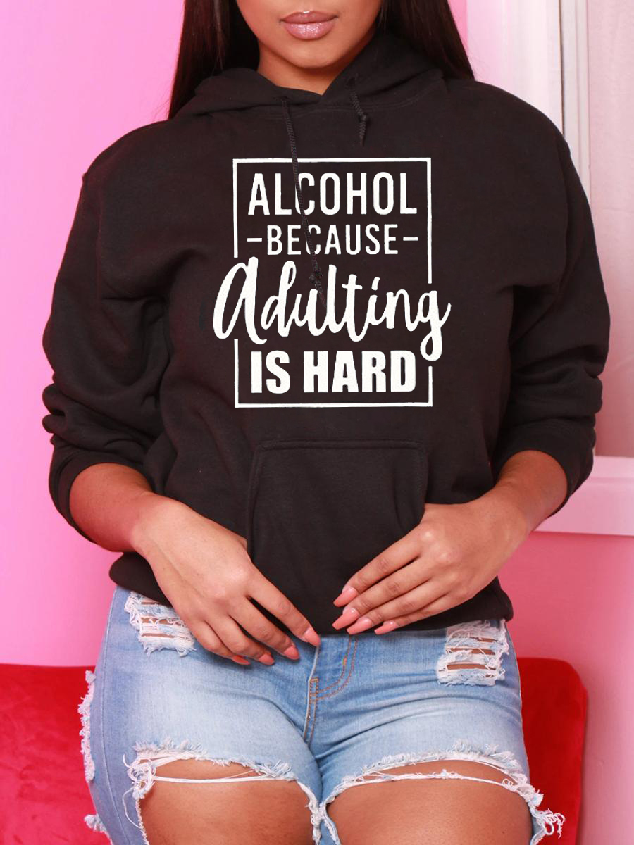 

LW Letter Print Pocket Design Hoodie, Black
