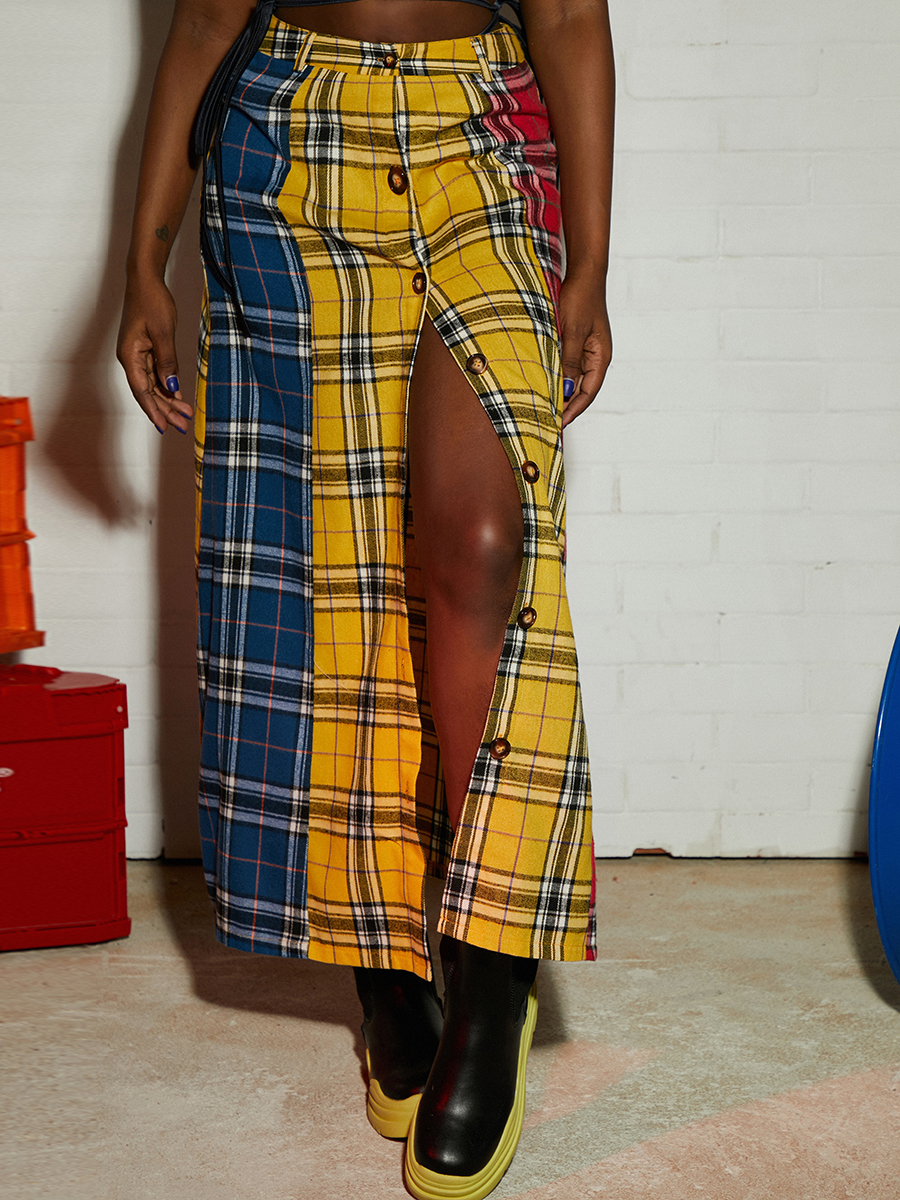 

LW Plaid Patchwork Button Design Skirt, Multicolor lattices
