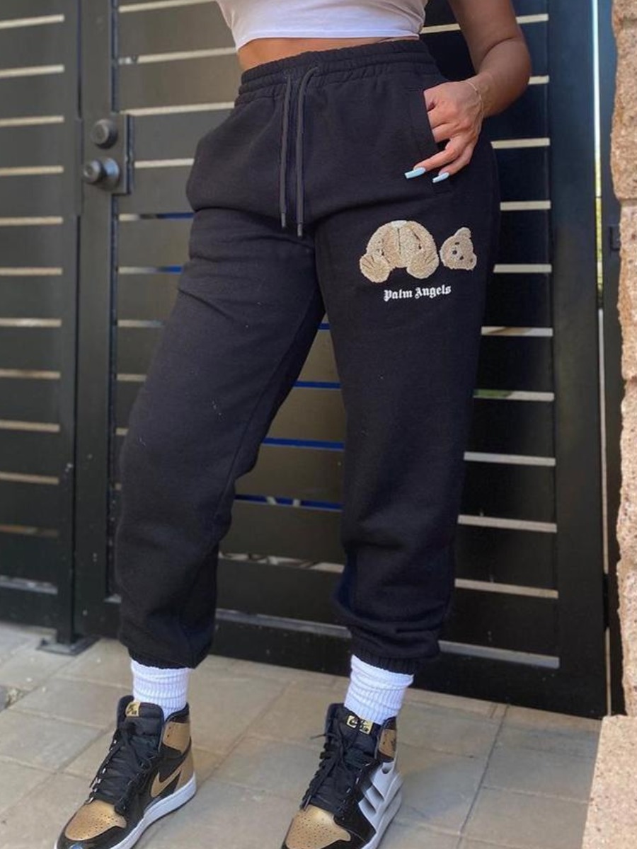 

LW Letter Print Drawstring Sweatpants, Black