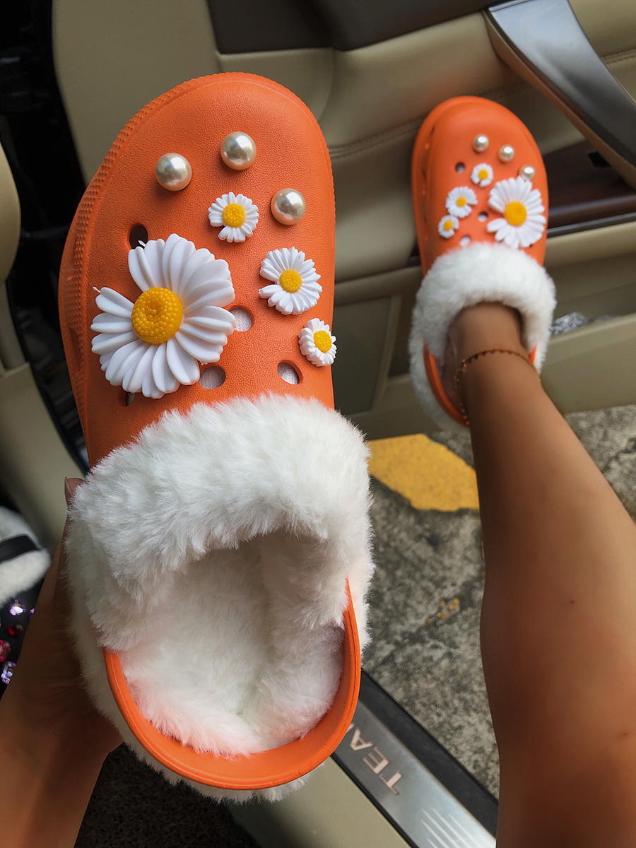 LW Flower Faux Pearl Decor Plush Slippers (DIY), Orange