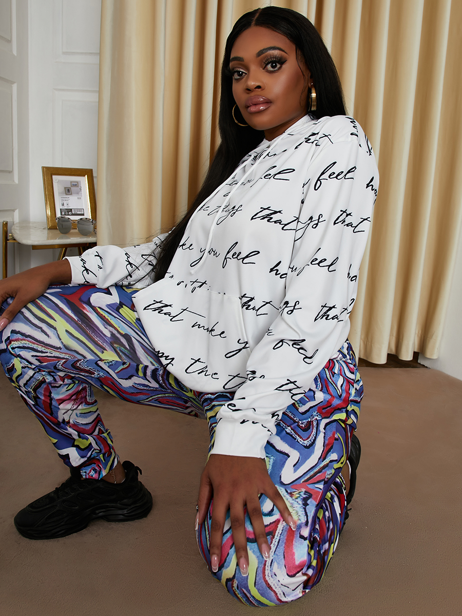 LW Plus Size Letter Print Kangaroo Pocket Tracksuit Set