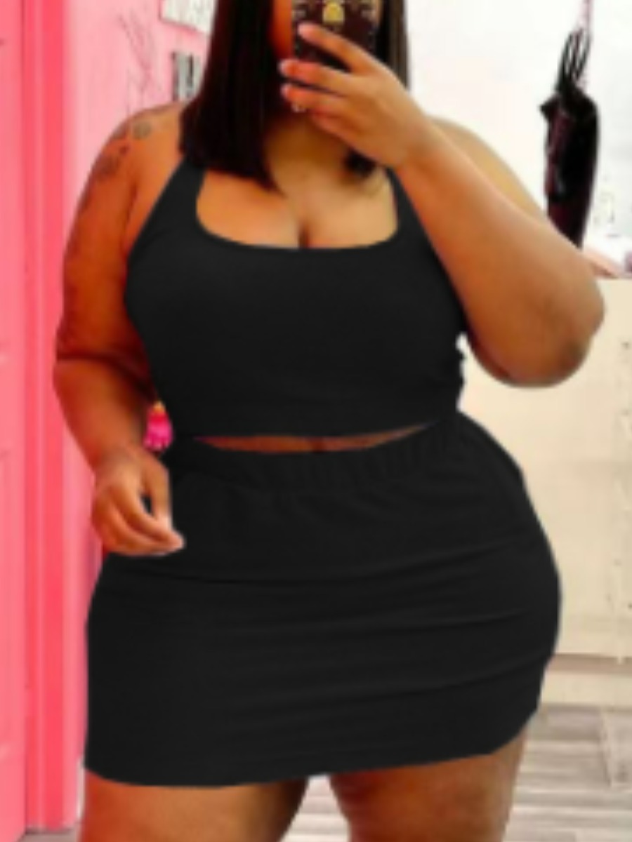 LW BASICS Plus Size U Neck Elastic Crop Top Skirt Set