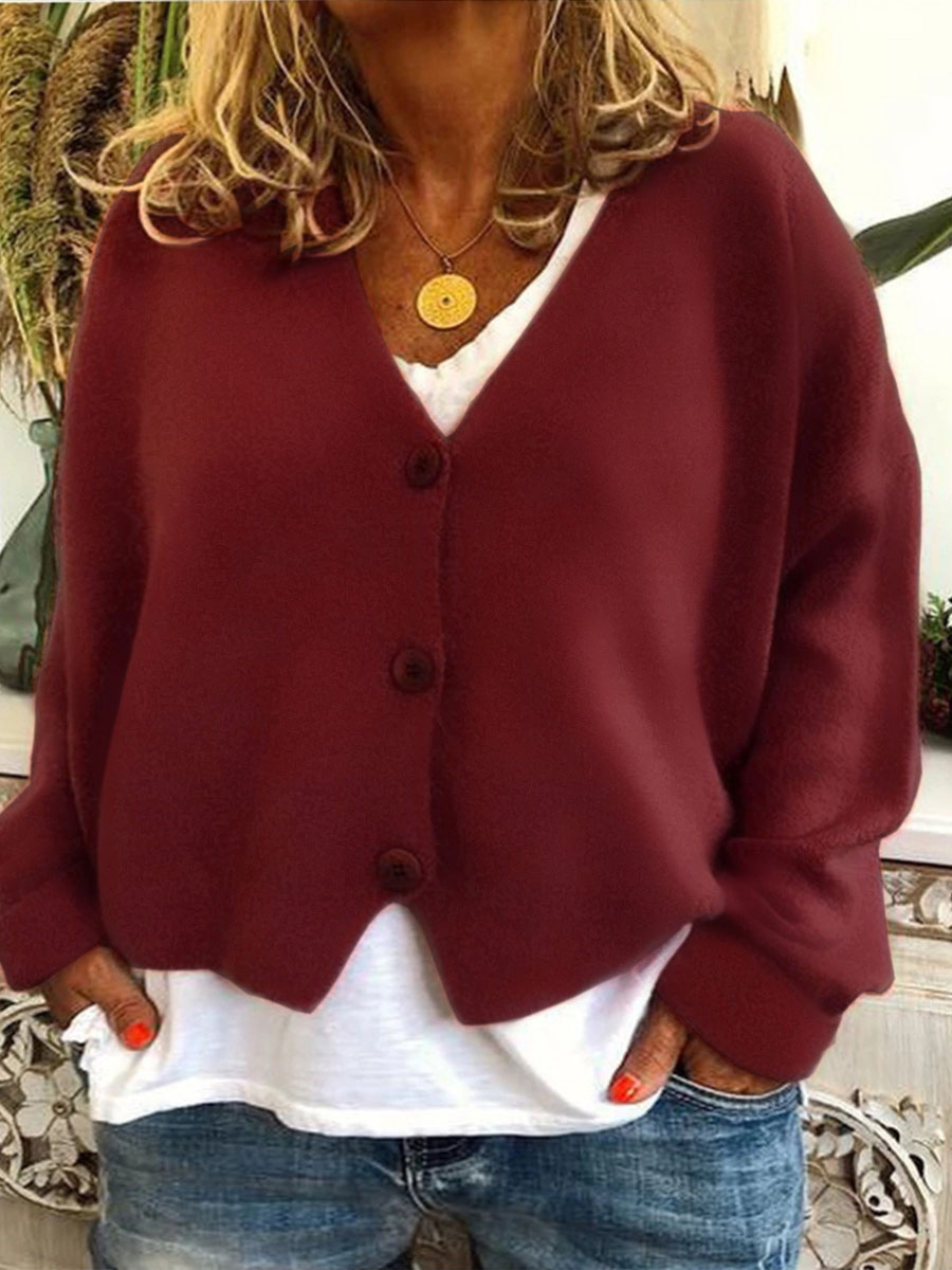 

LW BASICS Plus Size Button Design Sweater, Wine red