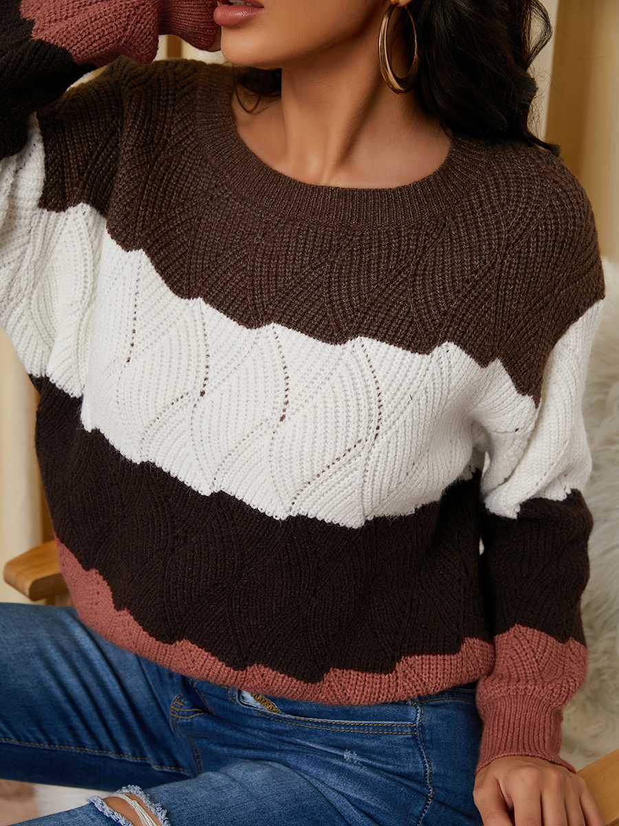 

LW Drop Shoulder Striped Patchwork Sweater, Brown