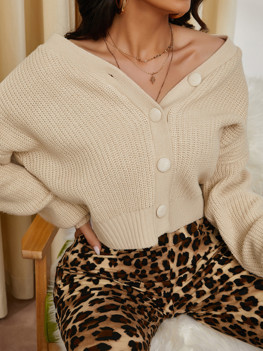 

LW Lantern Sleeve Button Design Loose Cardigan, Apricot
