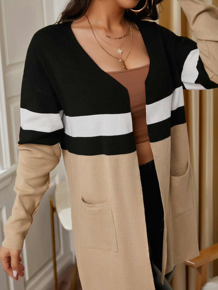 

LW Striped Patchwork Pocket Design Cardigan, Khaki
