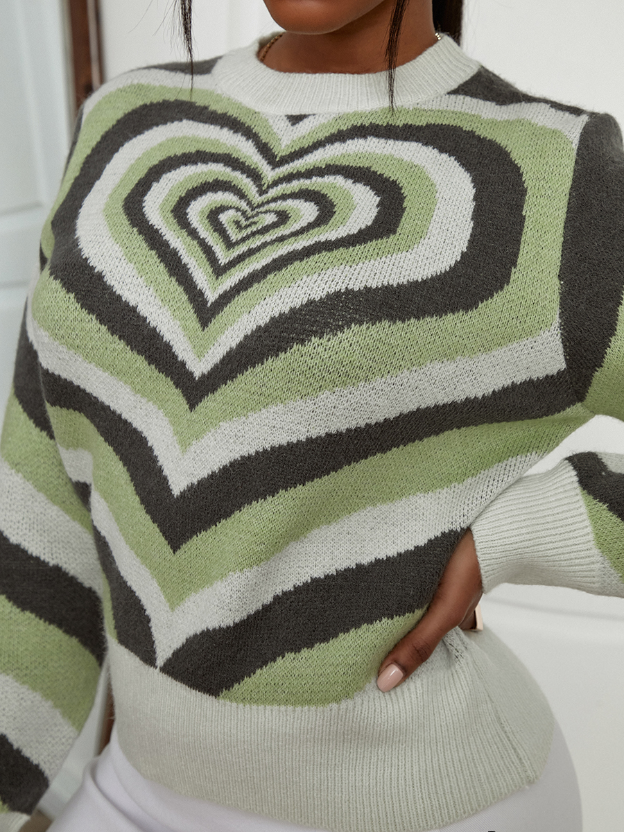 

LW Heart Pattern Striped Sweater, Green