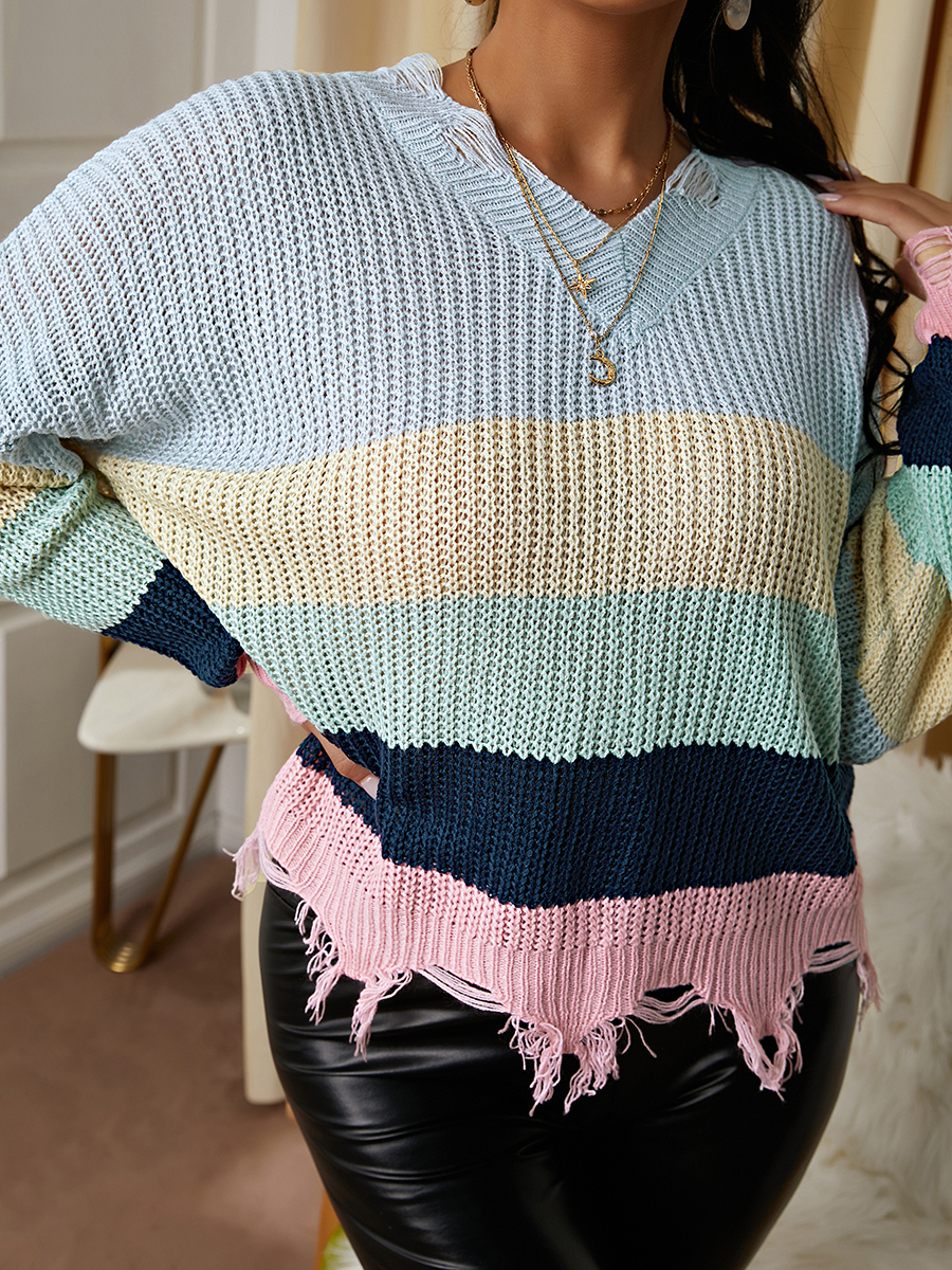 

LW Striped Patchwork Distressed Sweater, Baby blue