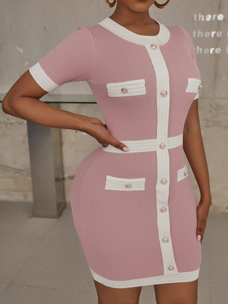 

LW Sweater Patchwork Button Design Dress, Pink