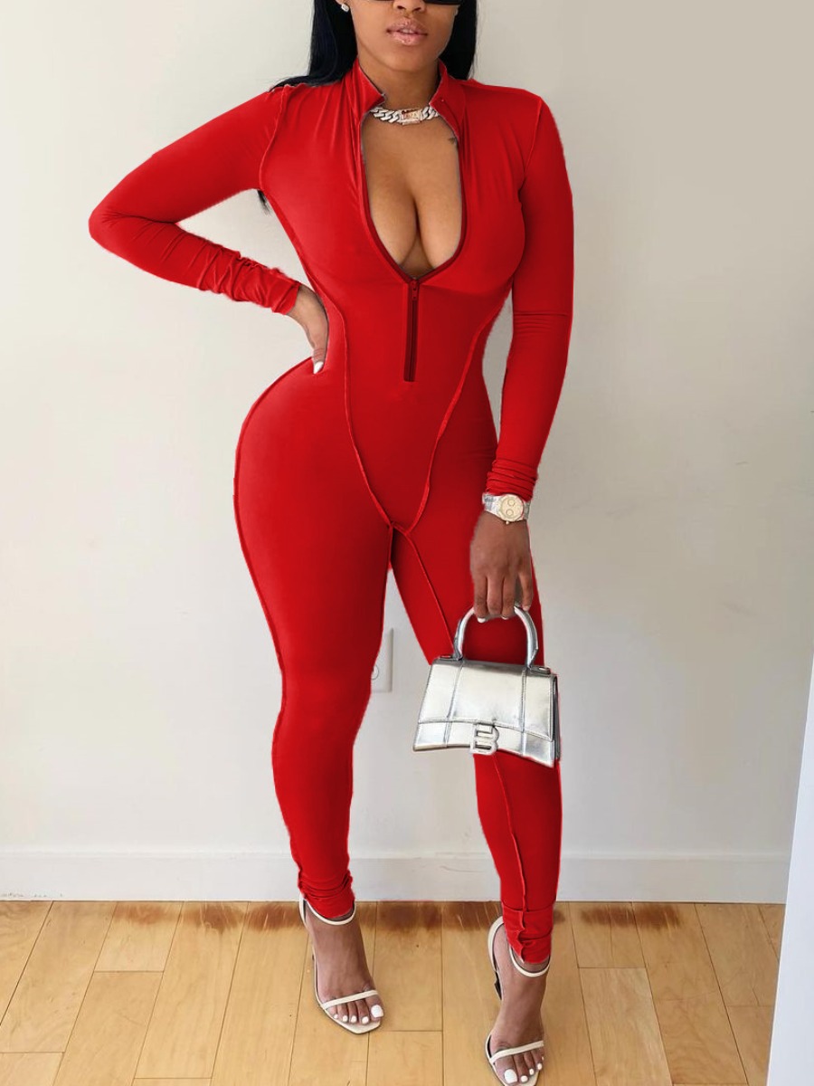 

LW SXY Lettuce Trim Zipper Design Jumpsuit, Red