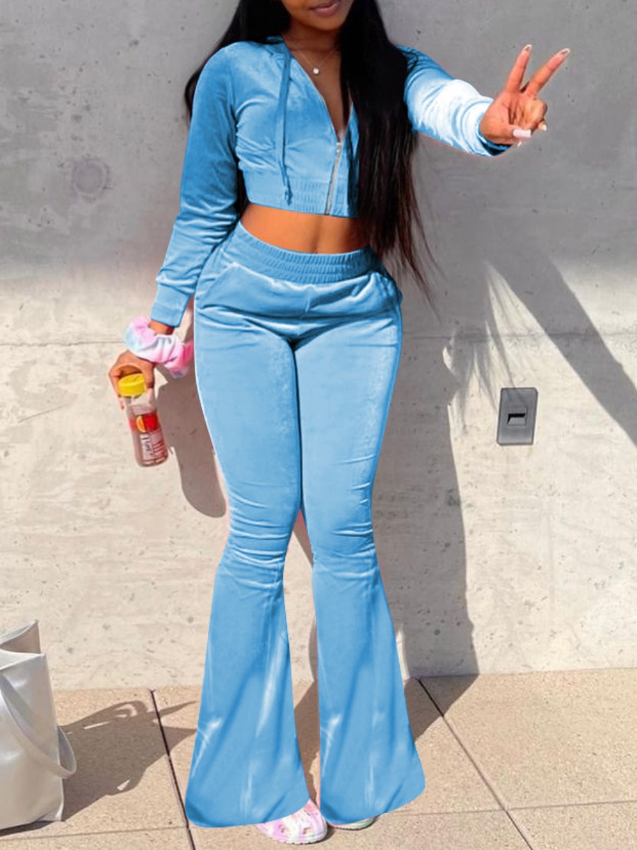 

LW Velvet Zipper Design Flared Cropped Tracksuit Set, Baby blue