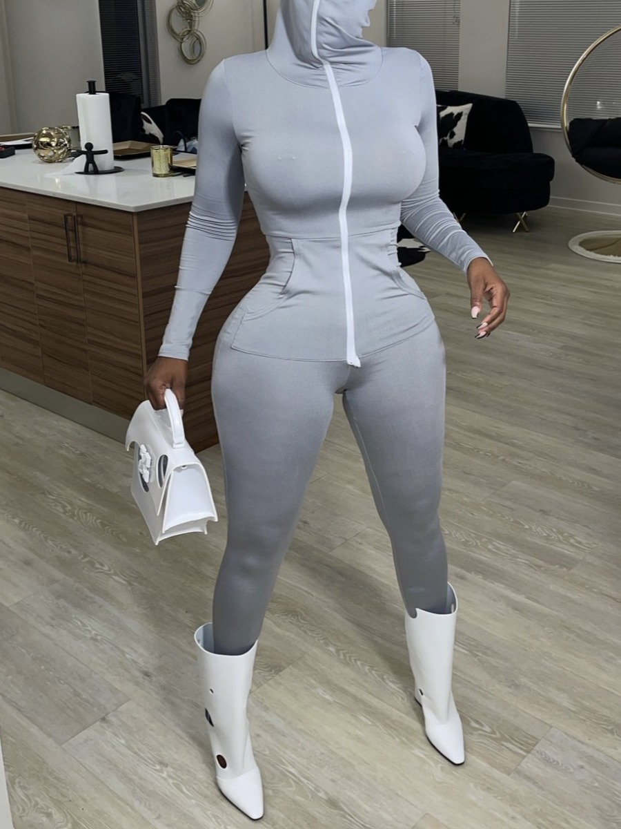 

LW BASICS Zip Up Pocket Design Jumpsuit, Grey
