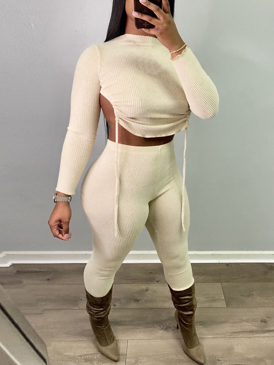 

LW Plus Size Backless Bandage Design Crop Pants Set, Apricot