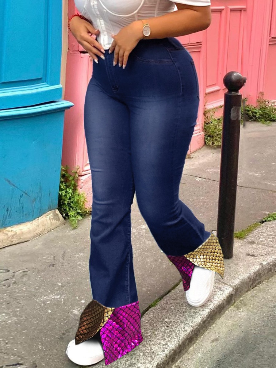

LW Plus Size High Waist Patchwork Boot Cut Jeans, Deep blue
